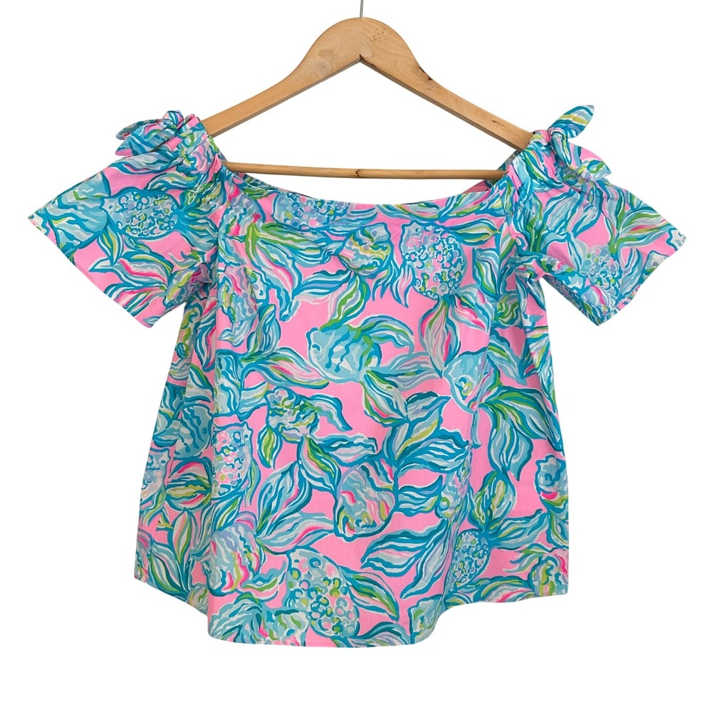 Lilly Pulitzer Tamara Off The Shoulder Blouse Womens XS Bow Sleeve Fish Print